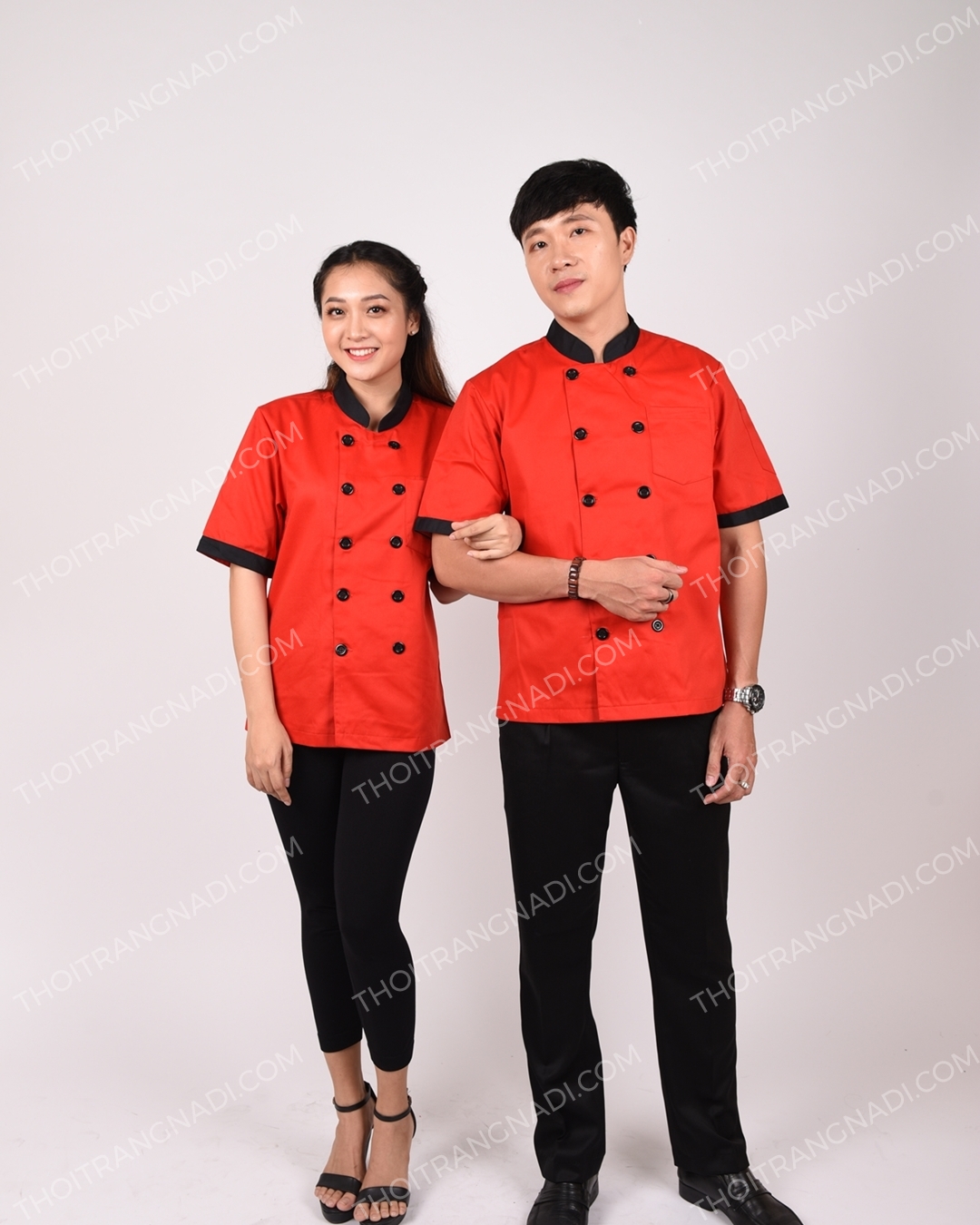 AB008 Short Sleeves Black Border Red Chef Jacket